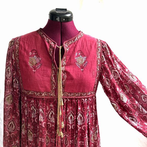 70s Adini Burgundy Boho Maxi Dress | Gold Print Empire Waist Tassel Beads Fall - Picture 5 of 16